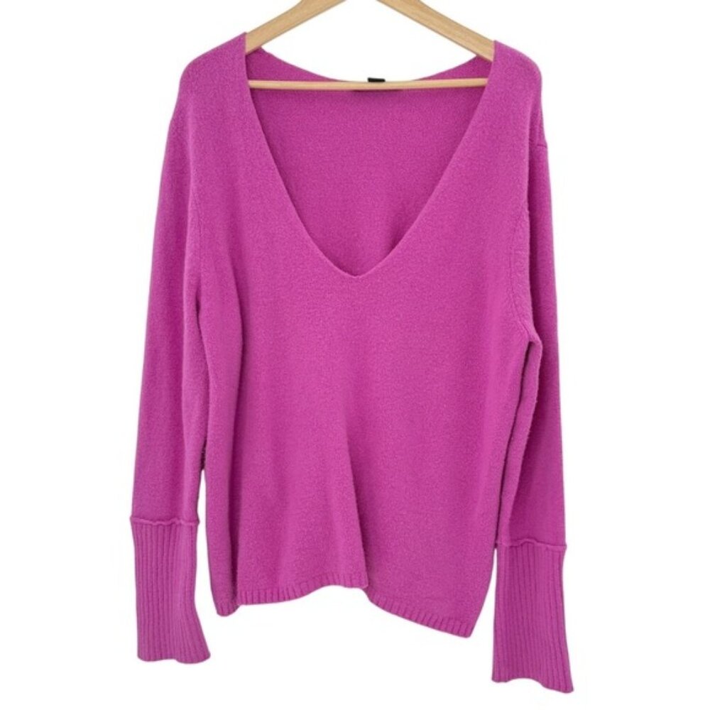 Something Navy V-Neck Soft Knit Sweater Vibrant Pink M, Oversized Boho Cozy